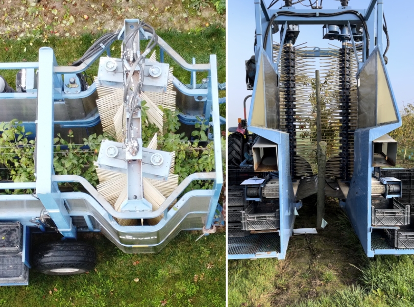 Two images showing one, an arial view of the harvester and two, a front view of the harvester.