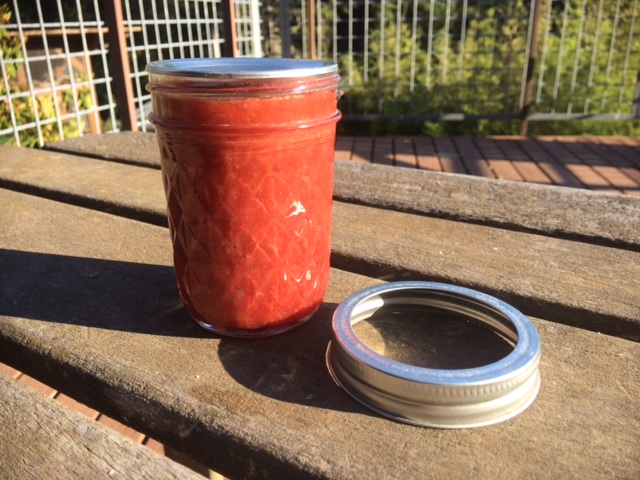 Strawberry rhubarb jam in a small jelly jar on a wood table with plants in the background.