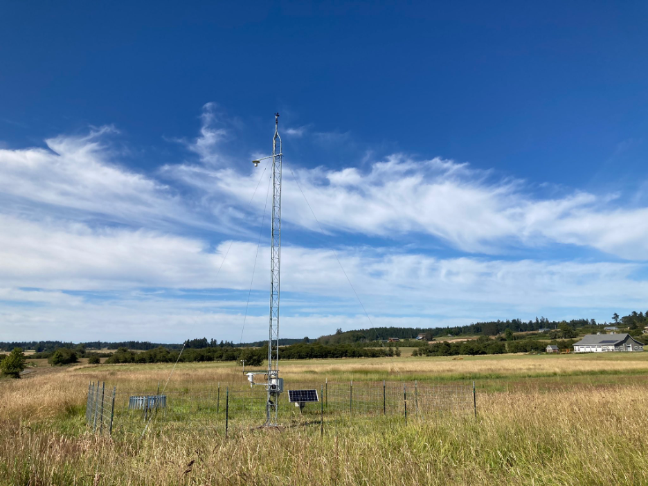 Photo of the AgWeatherNet weather station on San Juan Island in a grassy field with blue skies and light clouds