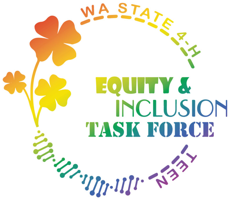 WA State 4-H Equity & Inclusion Task Force logo with rainbow text and clover. Text reads "WA State 4-H Equity & Inclusion Task Force"