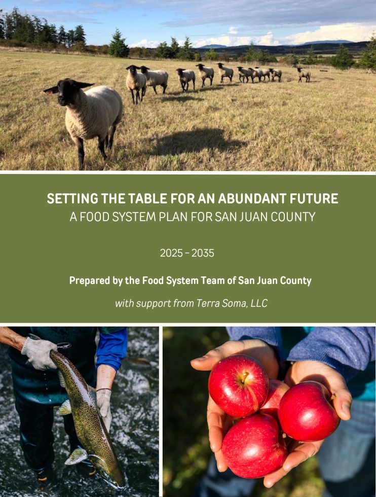Image contains a snippet of the cover of the Food System PLan for San Juan COUnty that includes photos of a line of sheep walking across a field, hinds holding red apples, and a person holding a salmon. Text on the image includes, "Setting the Table for an Abundant Future: A Food System Plan for San Juan County; 2025-2035; Prepared by the Food System Team of San Juan County with support from Terra Soma, LLC