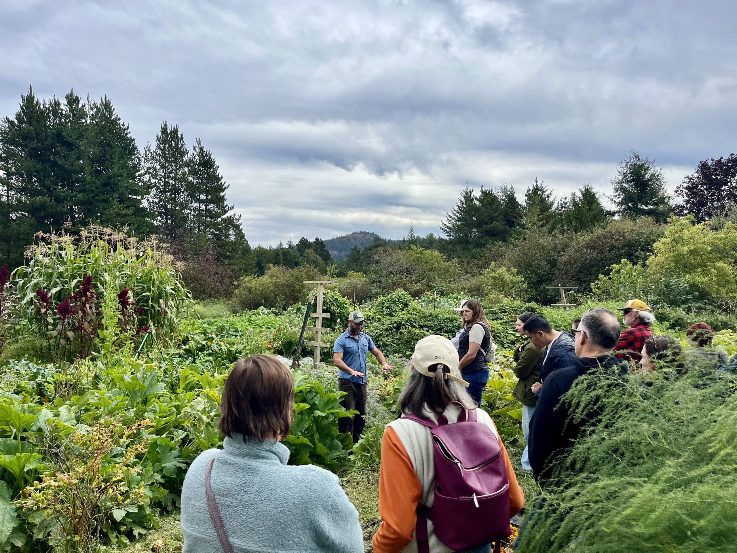 Photo of a man giving a farm tour to a group of visitors in a lush summer garden 