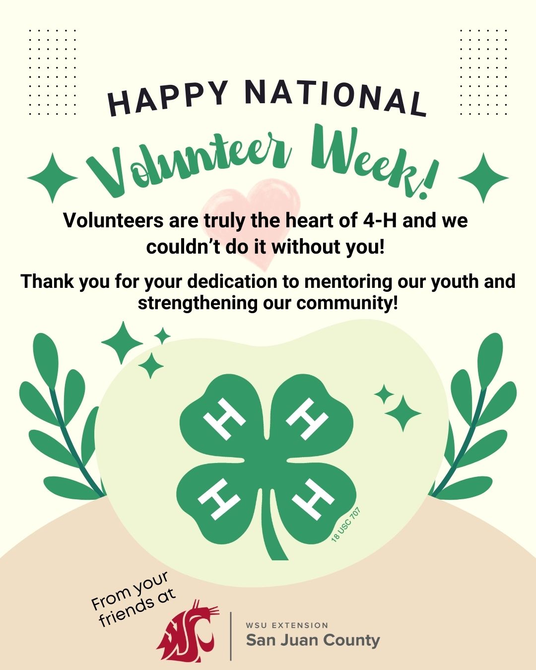 Image celebrating National Volunteer Week with a 4-H clover and text thanking volunteers.