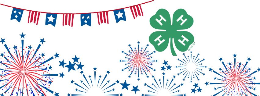 Cover photo for the July 4-H Newsletter with flags, fireworks, and the 4-H logo