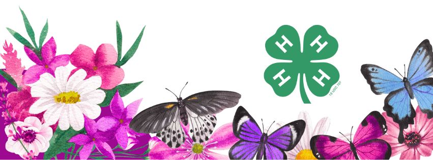 Cover photo for the June 4-H Newsletter with flowers, butterflies, and the 4-H logo