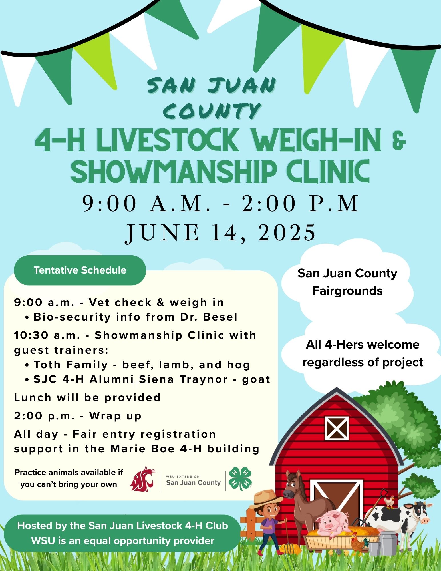 Flyer for a 4-H Livestock Weigh-In & Showmanship Clinic on June 14, 2025, at the San Juan County Fairgrounds.