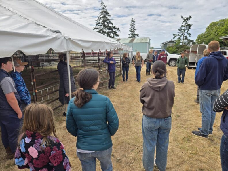 A group of youth and adults listen to a presentation by Dr. Susan Besel at the 2025 Spring Weigh-In. 