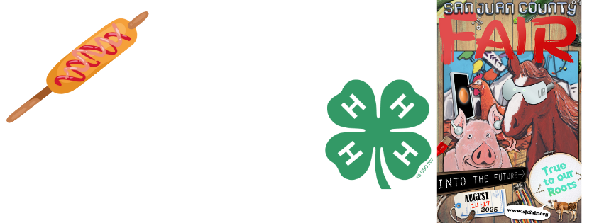 San Juan County Fair 2025 banner featuring a corn dog, 4-H clover, and the fair's "Into the Future" poster