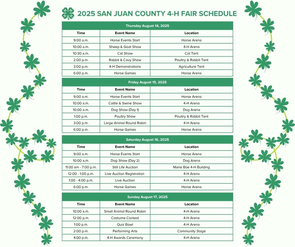 A 2025 San Juan County 4-H Fair Schedule. The schedule is a green table on a white background, decorated with green shamrocks. It lists events for four days: