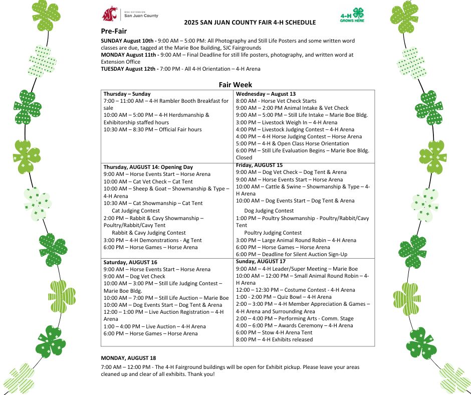 A detailed schedule for the 2025 San Juan County 4-H Fair, including pre-fair, fair week, and post-fair events.