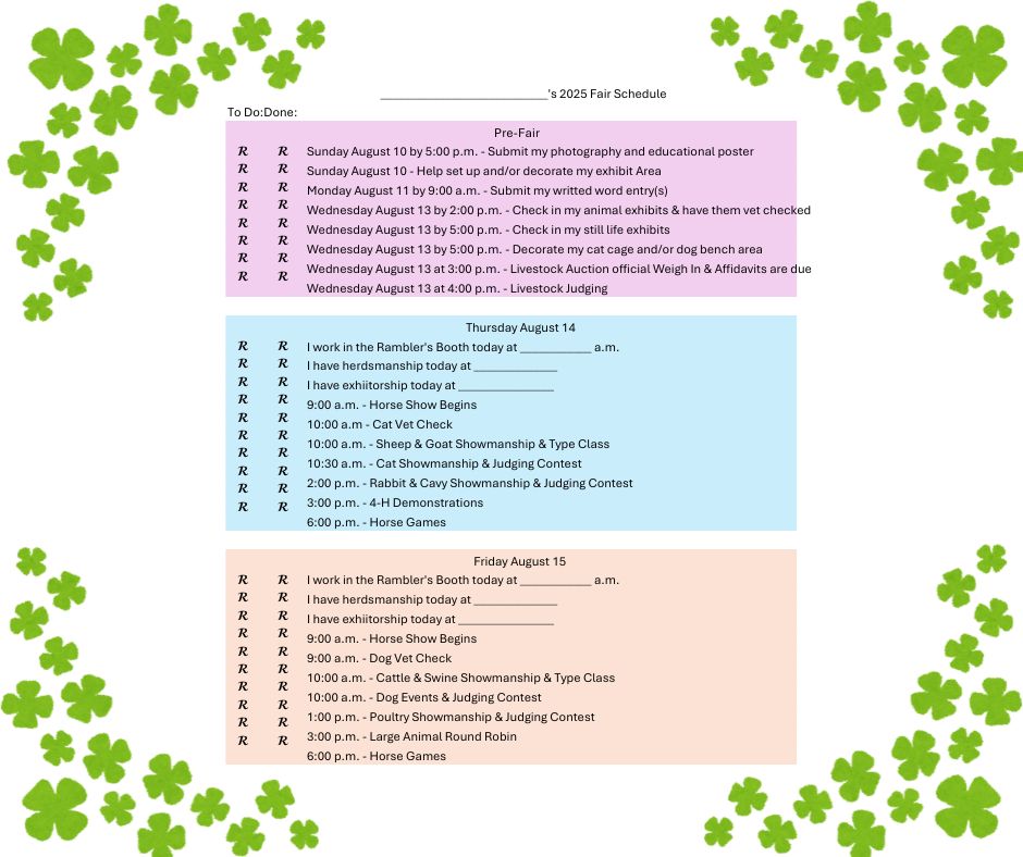 A personalized "My Fair Schedule" for the 2025 Fair, with blank lines to be filled in by a participant. The schedule is a form with checkboxes for 'To Do' and 'Done'.