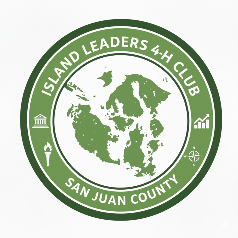 Island Leaders 4-H Club logo with a map of the San Juan Islands in the center and icons for civic engagement, torch, compass, and growth.