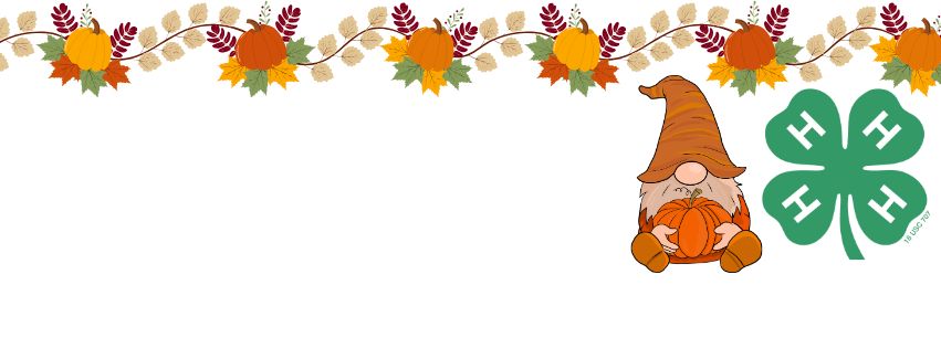 A fall-themed graphic with a decorative border of leaves and pumpkins, and a gnome holding a pumpkin next to a large green 4-H clover logo.