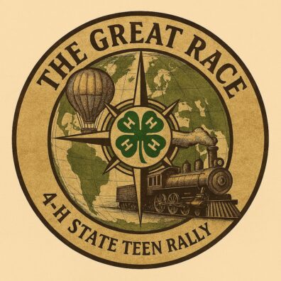 A logo for the "4-H State Teen Rally" themed "The Great Race," featuring a vintage hot air balloon and a steam train set against a compass and a globe.