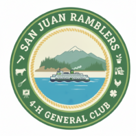 Circular logo for "San Juan Ramblers 4-H General Club." Dark green outer ring with white text and white 4-H project icons. Inner circle shows a ferry, mountains, and trees, framed by a rope.