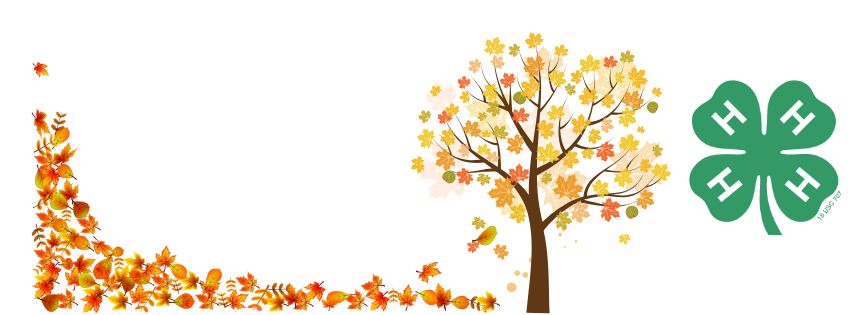 A digital illustration of a green 4-H logo surrounded by autumn leaves and a tree with fall foliage.