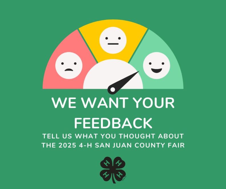 A graphic with a feedback meter showing happy, neutral, and sad faces. The text reads "We Want Your Feedback," "Tell Us What You Thought About the 2025 4-H San Juan County Fair," and features the 4-H logo at the bottom.