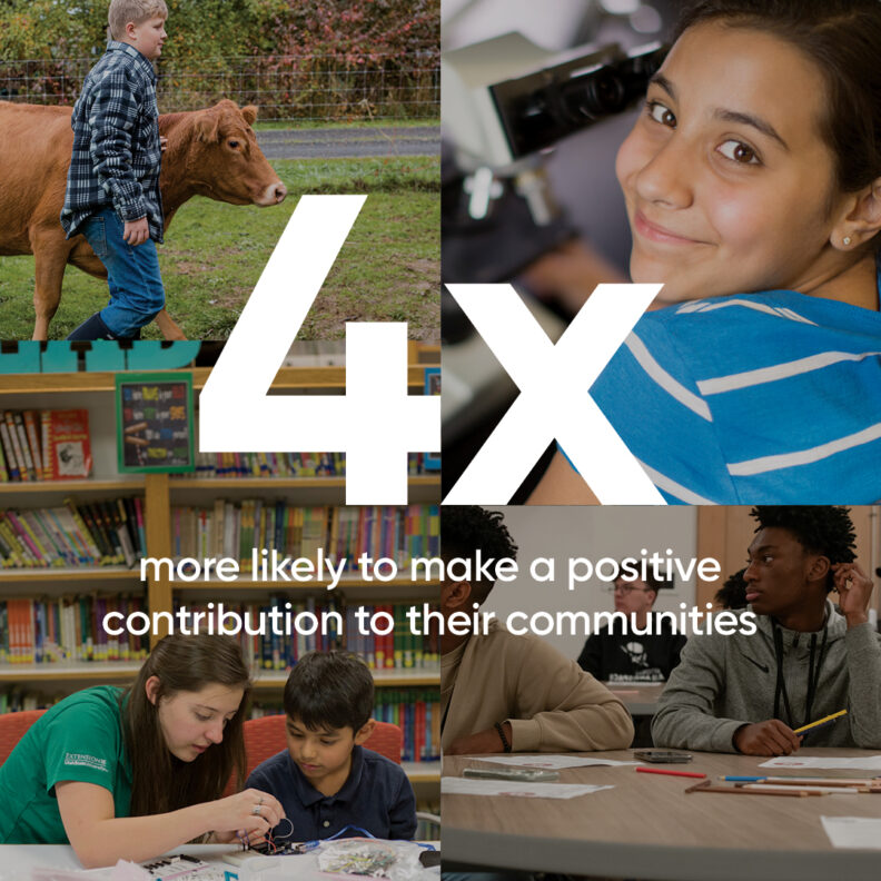Four-panel collage of diverse 4-H youth engaging in activities: A boy leading a calf, a girl looking into a microscope, two youth working with a robotics kit, and a diverse group of teens collaborating at a table. The text overlay reads: "4X more likely to make a positive contribution to their communities."