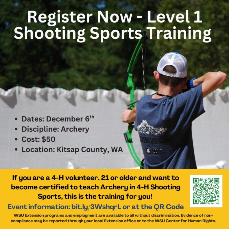 Flyer for 4-H Level 1 Archery Shooting Sports Training on December 6th in Kitsap County, WA. Features an archer aiming a green bow. Includes registration details and a QR code.
