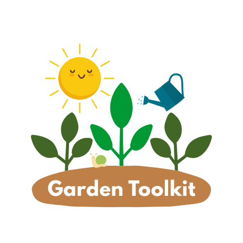 A cheerful, simple, illustrated logo for a 'Garden Toolkit.' It shows a smiling yellow sun, a blue watering can sprinkling water on three green plants growing out of a mound of brown earth, and a small snail near the center plant. The words 'Garden Toolkit' are written in white across the soil mound.