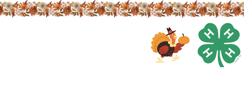 A decorative banner for the month of November featuring a top border of autumnal dried flowers in shades of brown, orange, and cream. Below the border, on the right, is a cartoon image of a Thanksgiving turkey wearing a pilgrim hat and holding a pumpkin, next to the green, four-leaf clover logo of the 4-H organization.