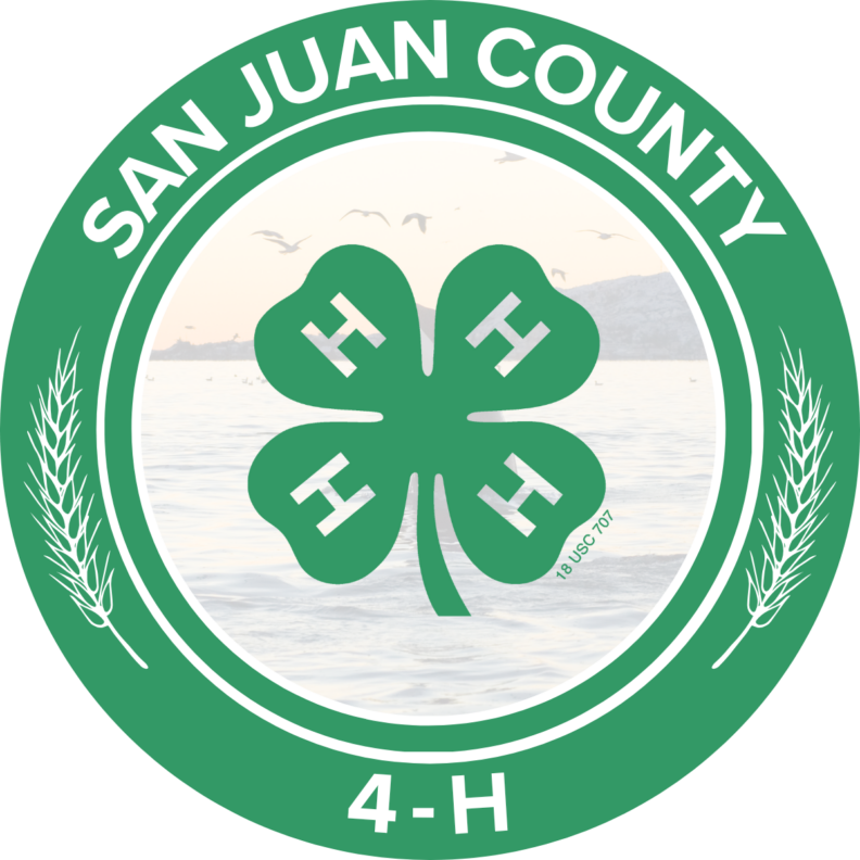 San Juan County 4-H logo featuring a green four-leaf clover over a sunset water scene