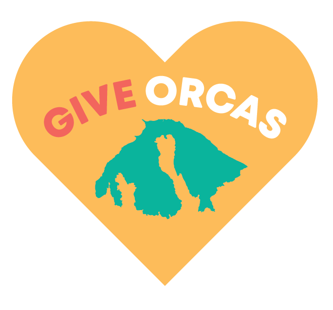 Logo for 'GIVE ORCAS' featuring an orange heart shape containing a teal map of Orcas Island.