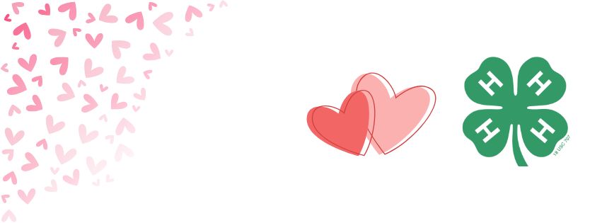 A horizontal banner featuring a scatter of pink hearts on the left side, two overlapping pink hearts in the center, and a green 4-H four-leaf clover logo on the right, all on a plain white background.