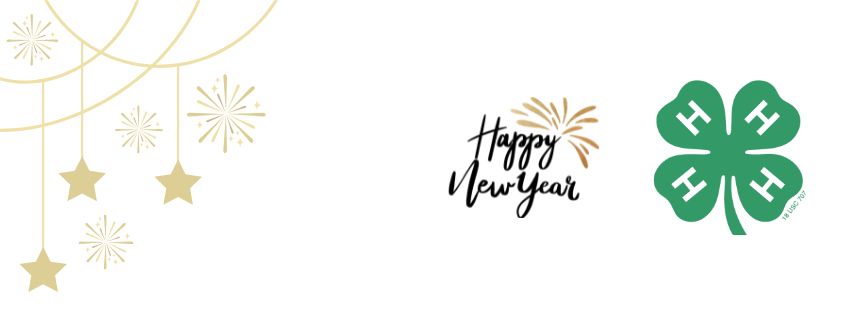 A wide horizontal graphic featuring "Happy New Year" written in black script with a gold firework accent. The left side is decorated with hanging gold stars and stylized fireworks, while the right side displays a green 4-H four-leaf clover logo.