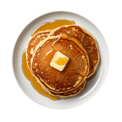 A top-down view of a stack of golden-brown pancakes on a white plate, topped with a melting square of butter and drizzled with maple syrup.