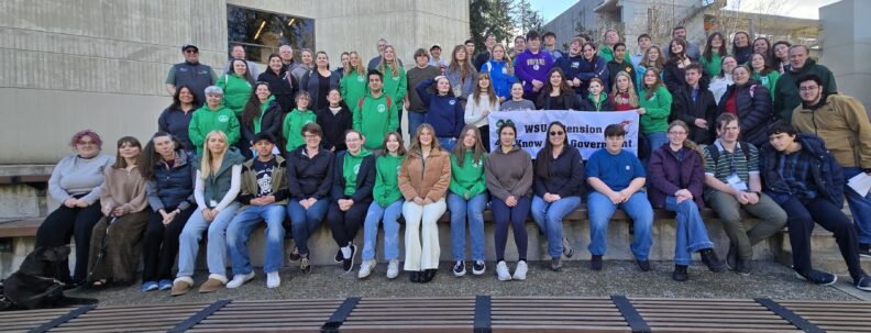 A wide group portrait of WSU Extension "Know Your Government" program participants posing on bleachers. The students and adults are wearing coordinated green and blue 4-H and WSU apparel while holding a program banner.