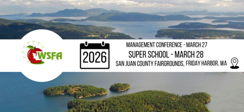 An aerial view of the San Juan Islands featuring a white banner overlay. The banner includes the WSFA logo, a 2026 calendar icon, and text announcing the Management Conference on March 27 and Super School on March 28 at the San Juan County Fairgrounds in Friday Harbor, WA.