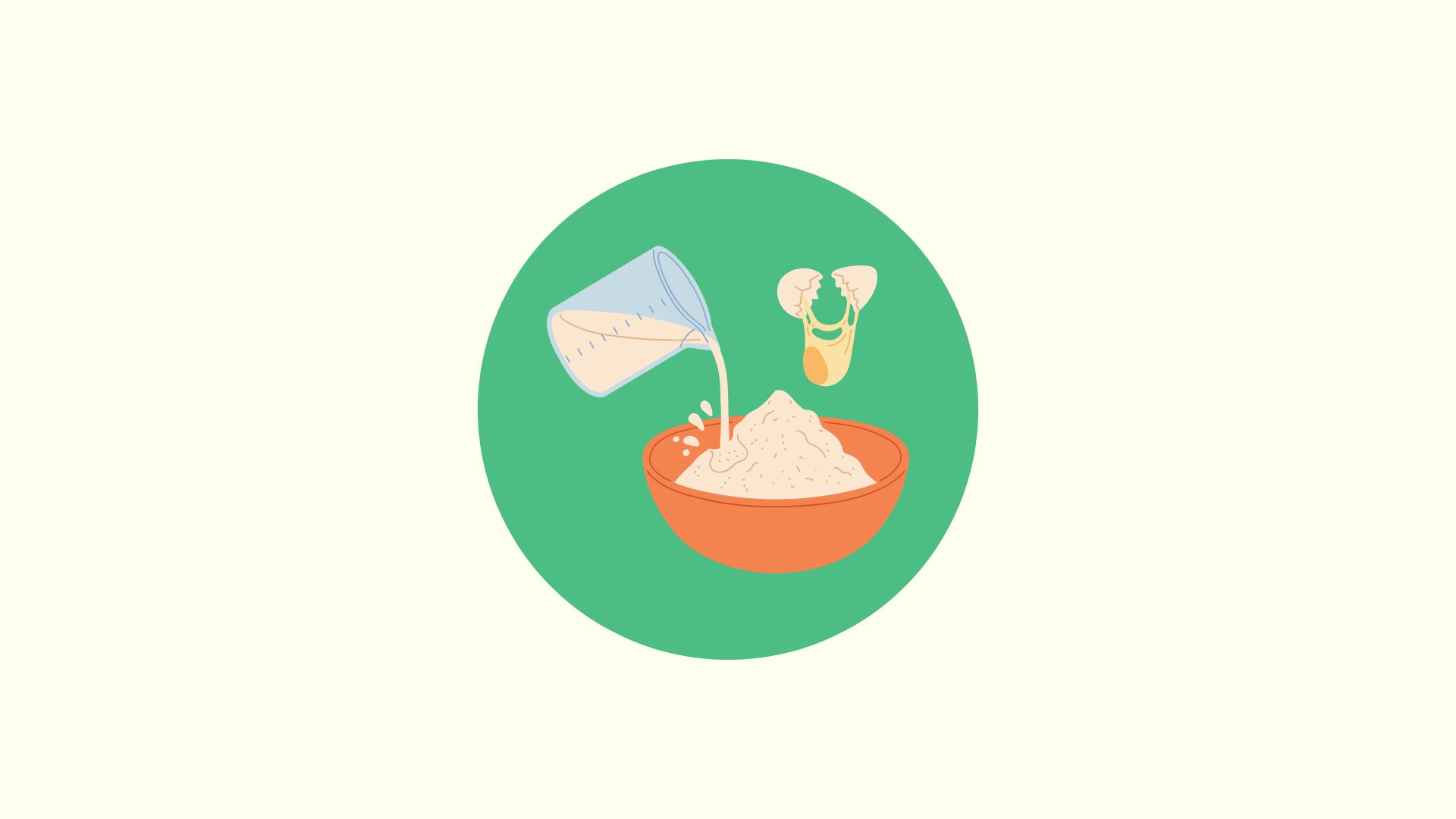 An illustration on a green circular background showing baking ingredients being added to an orange bowl. A measuring cup pours milk and a cracked egg drops into a pile of flour inside the bowl. The style is a clean, flat animation-like aesthetic against a light cream backdrop.