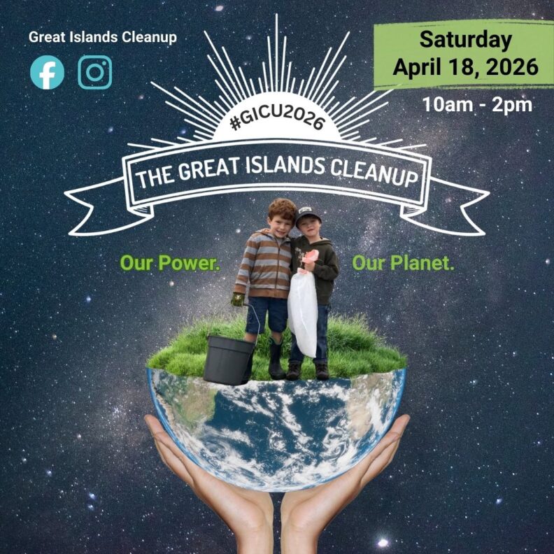 The Great Islands Cleanup event flyer for April 18, 2026. Two children stand on a small earth held by hands against a galaxy background with the slogan "Our Power. Our Planet."