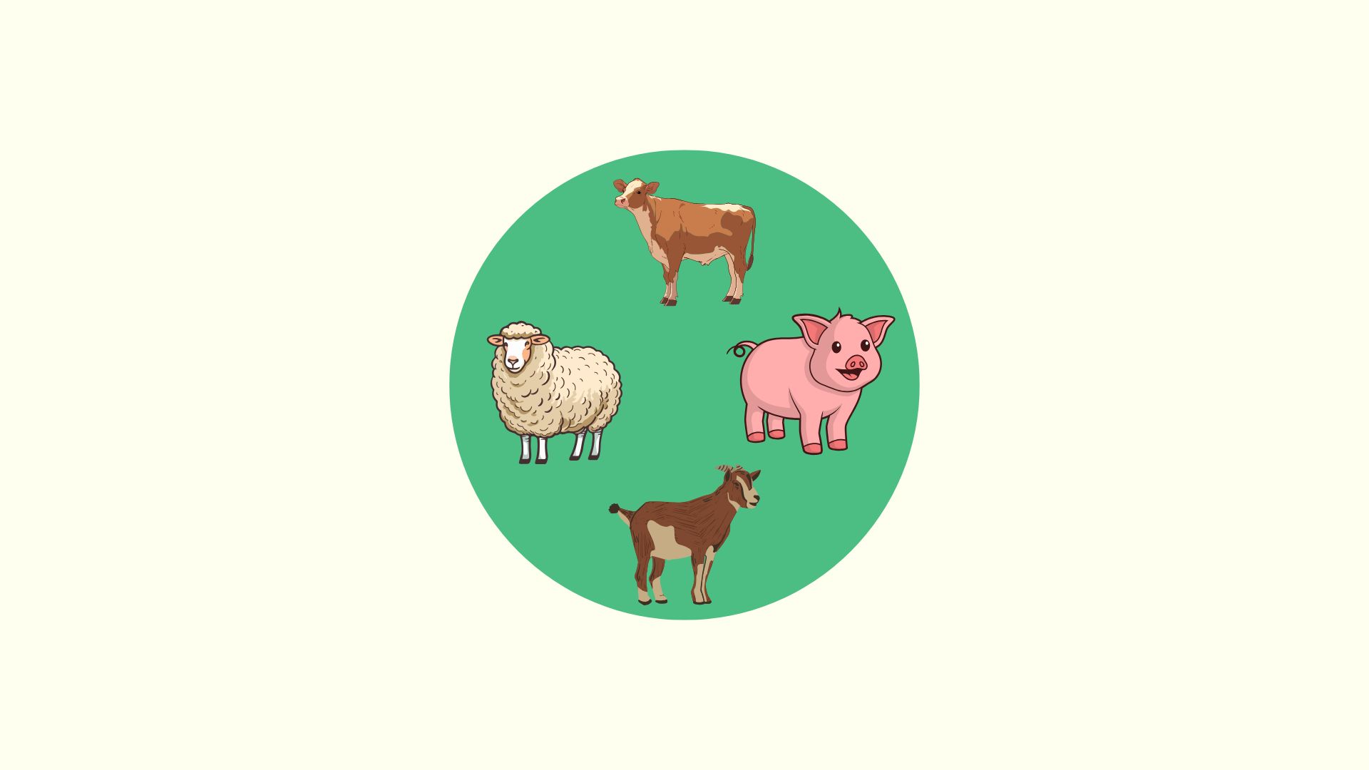 An illustration featuring four farm animals arranged in a circle on a green circular background. Clockwise from the top, the animals are a brown and white cow, a pink pig, a small brown goat, and a fluffy white sheep. The style is clean and cartoonish, set against a pale cream backdrop.