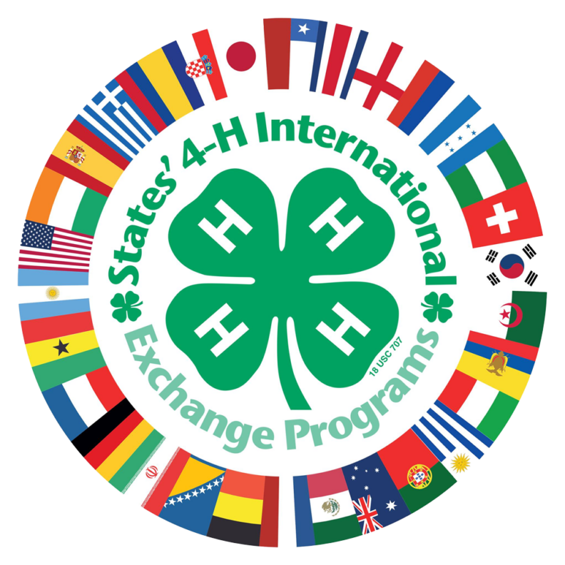 Logo for States' 4-H International Exchange Programs, featuring a green four-leaf clover at the center surrounded by a ring of international flags.