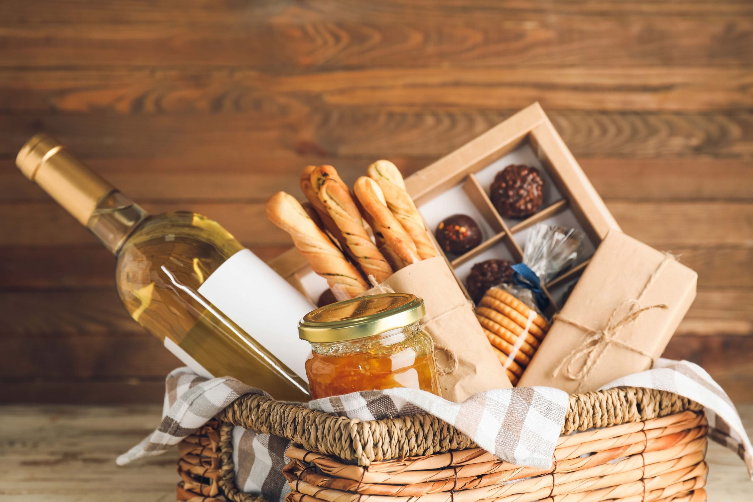A wicker gift basket overflowing with a bottle of white wine, a jar of orange jam, breadsticks, cookies, and a box of chocolates against a rustic wooden background.