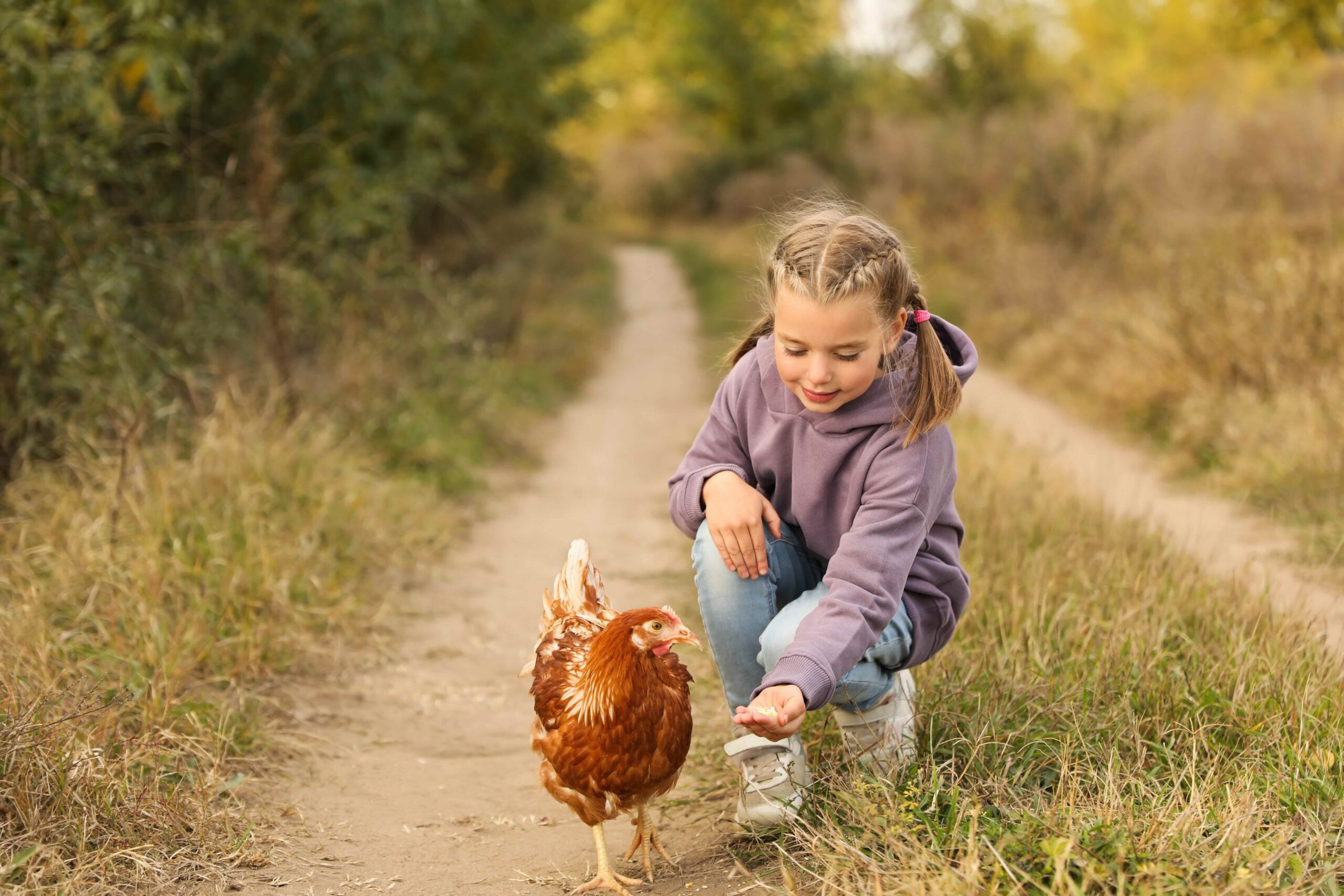 A young girl with braided hair kneeling on a dirt path and hand-feeding a brown hen in a grassy outdoor setting.