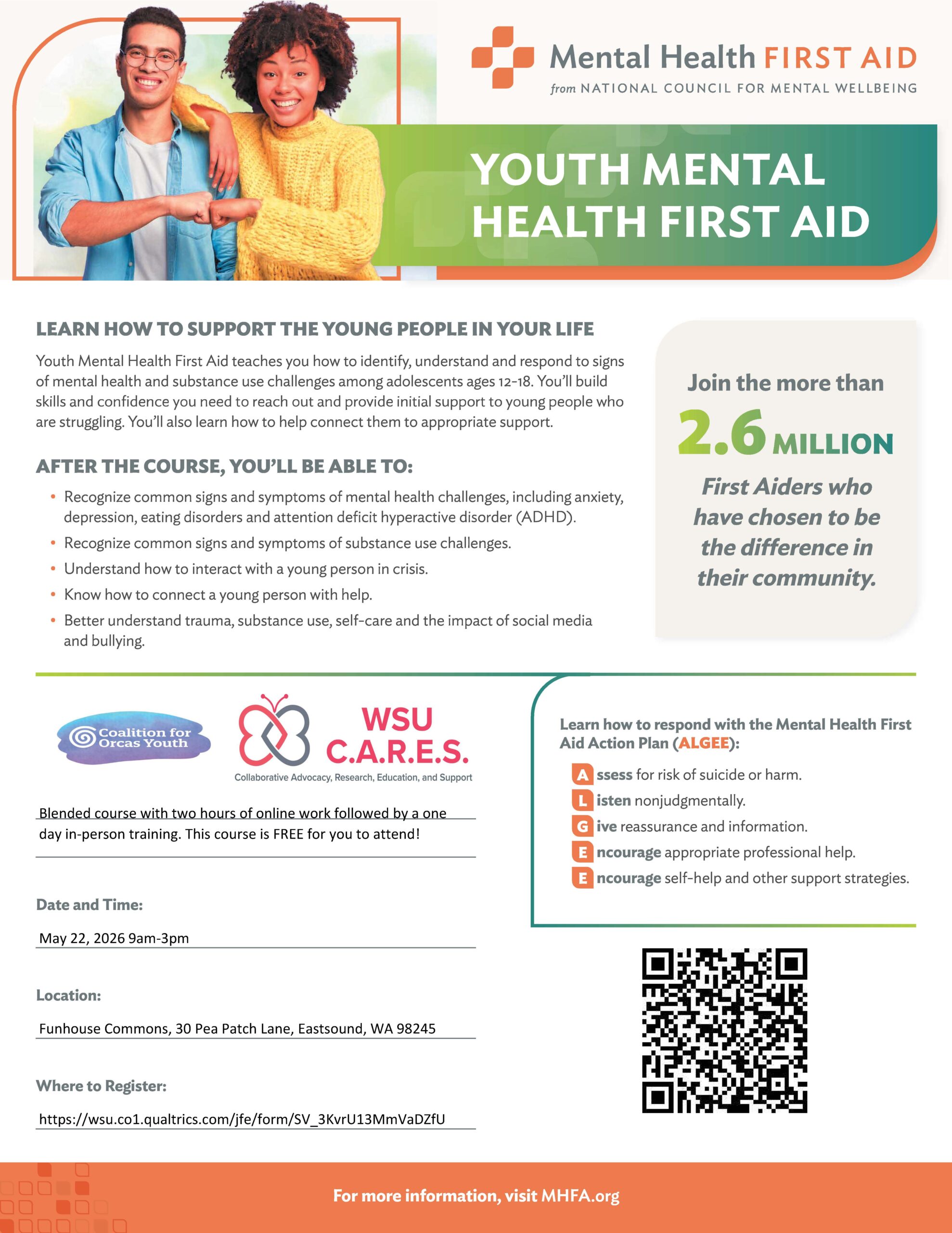 A promotional flyer for a Youth Mental Health First Aid training event. The flyer features a large QR code at the top left and logos for the Coalition for Orcas Youth and WSU C.A.R.E.S. (Collaborative Advocacy, Research, Education, and Support).