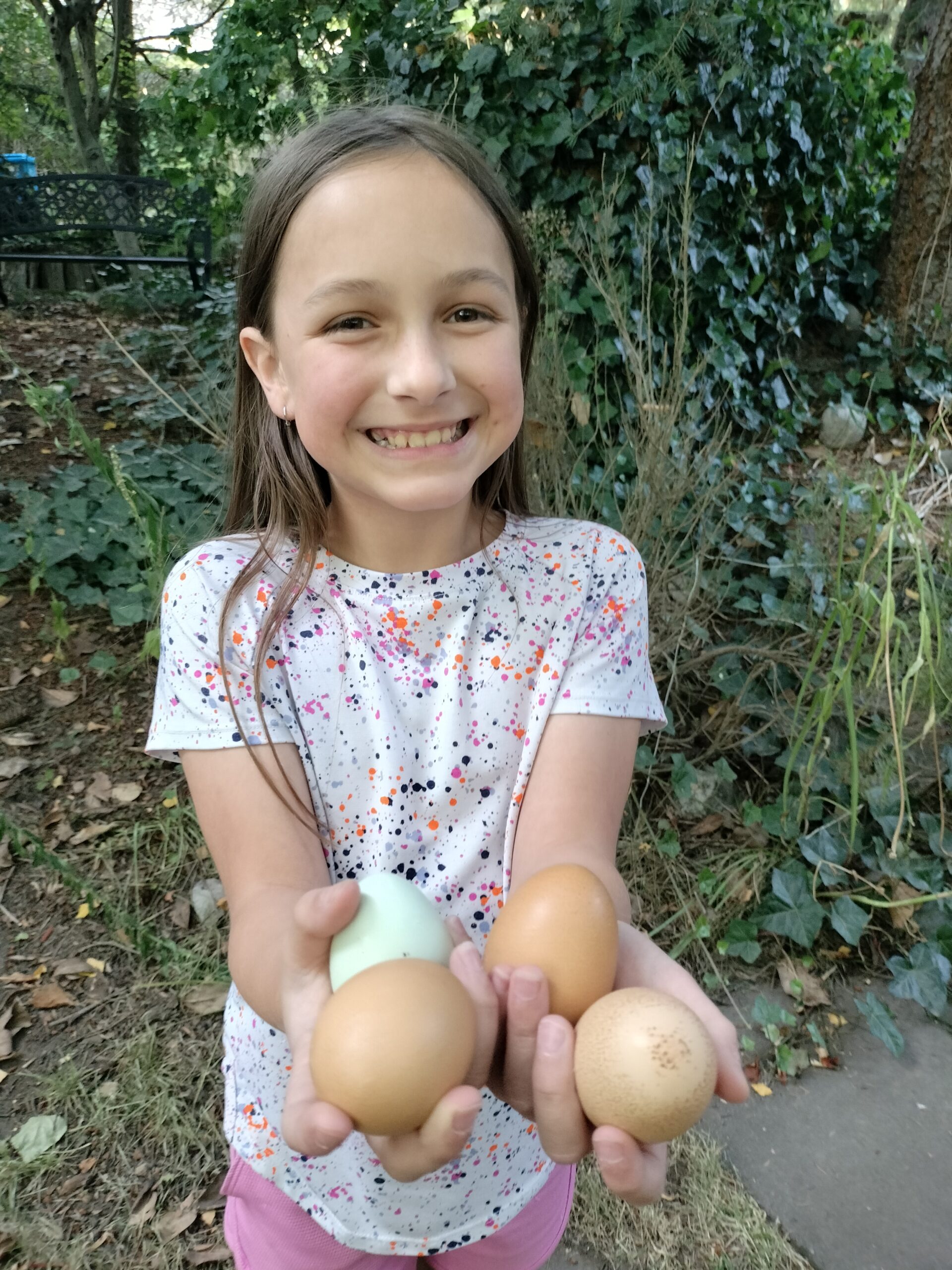 A smiling young girl in a paint-splattered white shirt holding out four fresh eggs in her hands outdoors.