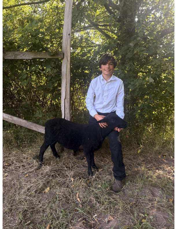 A smiling young person in a white long-sleeved shirt and dark pants standing outdoors behind a black sheep, holding its head.