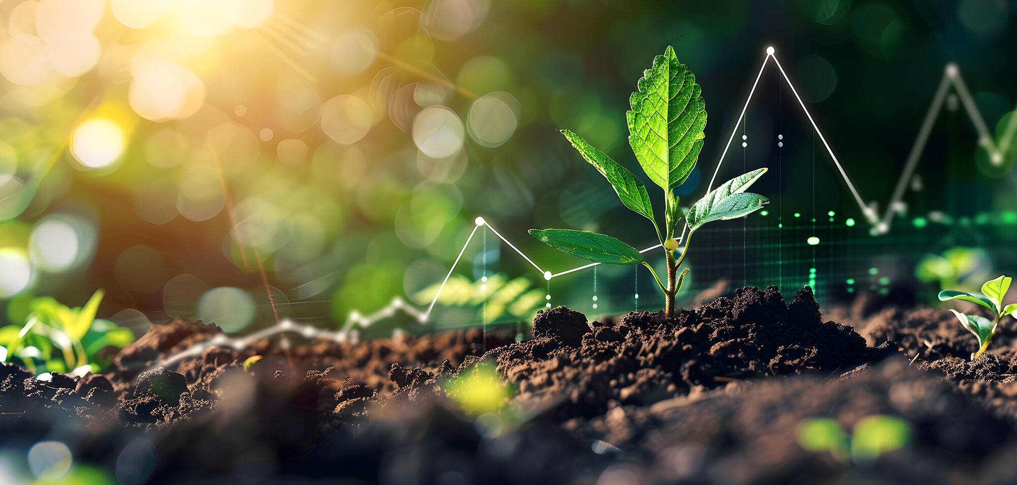 Plant in the foreground with a line graph in the background.