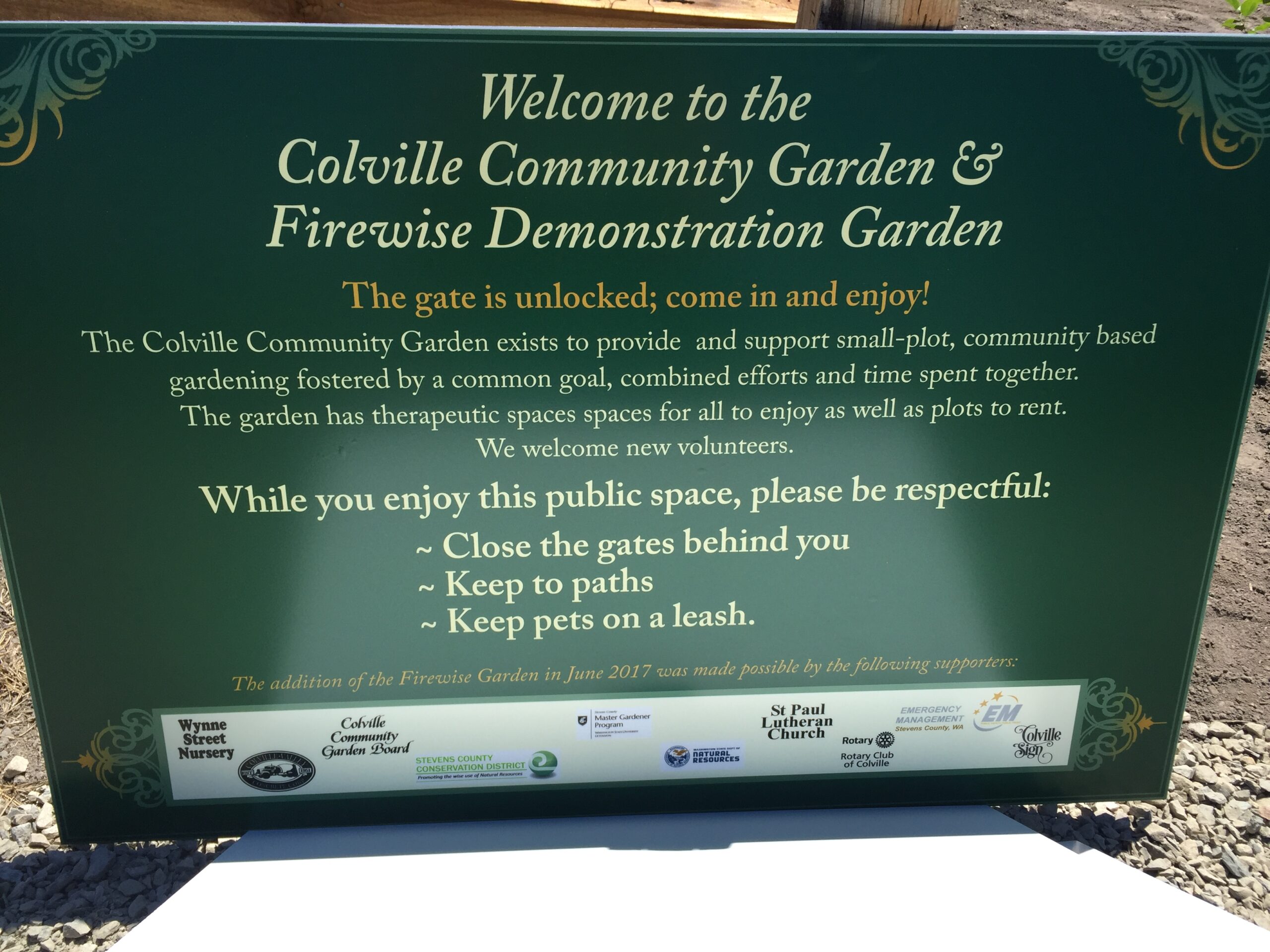 Old Welcome sign for the former Firewise Demonstration Garden in Colville, WA