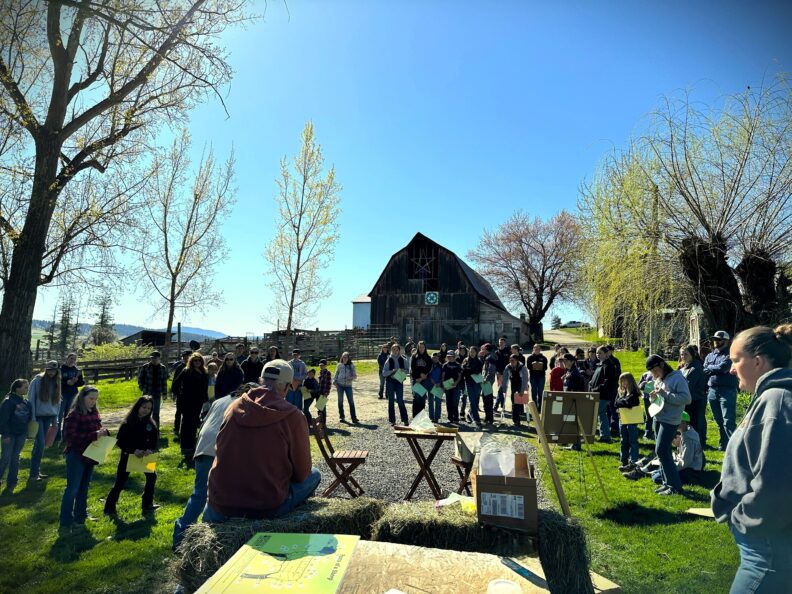 Group of kids in front of a barn learning judging and showmanship from adults sitting on hay bales in front of them.
