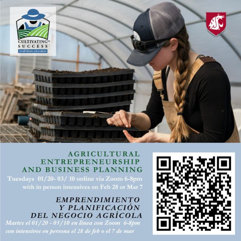 Picture shows a farmer in overalls and a baseball cap with a long braid hanging down working inside a greenhouse planting seeds with dirt-filled tray flats on benches.  Cultivating Success Small Business Education logo and WSU logo at top corners and QR code graphic are included.  Text below photo says:  Agricultural Entrepreneurship and Business Planning, Tuesdays 01/20 - 03/10, online via Zoom 6-8 p.m. with in-person intensives on Feb 28 or Mar 7.  Spanish translation:  Emprendimiento y Planificacion del Negocio Agricola, Martes el 01/20 - 03/10 en linea con Zoom 6-8 p.m. con intensivos en persona el 28 de feb o el 7 de mar.