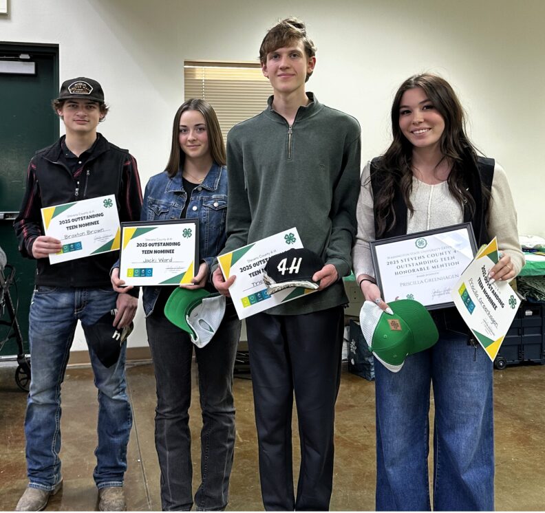 2025 Outstanding 4-H Teen Nominees, left to right: Braxton Brown, Jacki Ward, Tristan otter, and Priscilla Greenhagen.