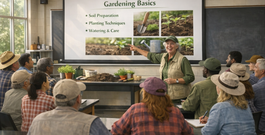 Lab-type classroom with a Master Gardener teaching about Gardening Basics. Several students dressed for gardening are seated at the tables, listening attentively and taking notes. A table at the front of the room has soil, plants, pots, and gardening tools on it.