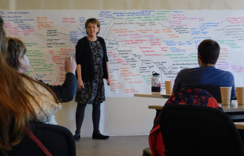 Debra Hansen running a Ripple Effects Mapping session, standing in front of a wall covered in a piece of paper that is filled with multi-colored writings connected by a map of lines