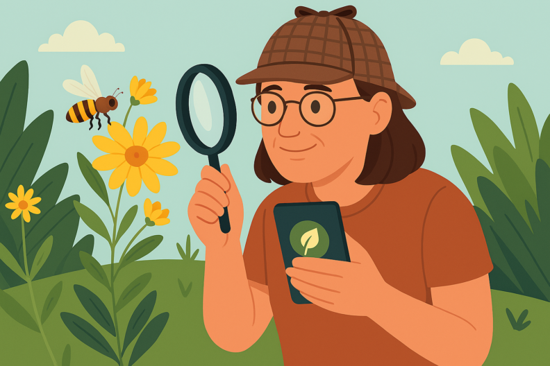 Cartoon image of a person outdoors wearing a sleuth hat and holding a cellphone.  They are looking at a bee near a flower with a magnifying glass.