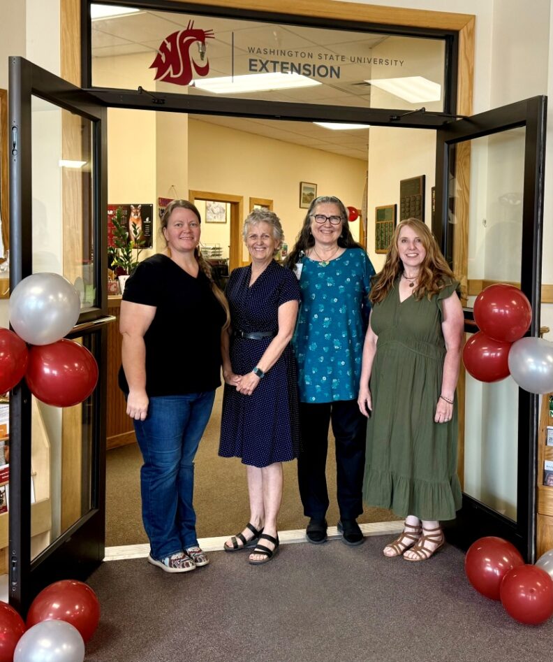 Team photo on Debra Hansen's last day as Director of WSU Stevens County Extension office.  Left to Right: Kathryn Hoogheem, Agriculture Educator; Debra Hansen, Director; Linda Teller, Master Gardener Coordinator; Shannon Rowley, 4-H Coordinator